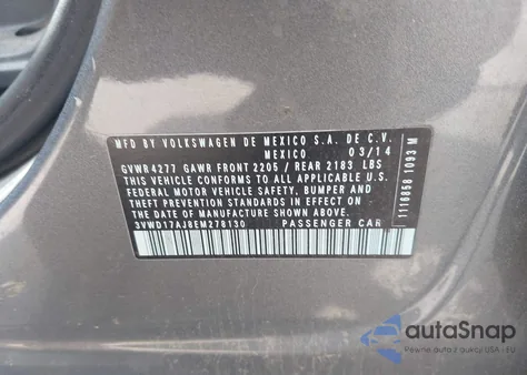 2014 Volkswagen Jetta 1.8T Se z USA, uszkodzony, nr VIN 3VWD17AJ8EM278130